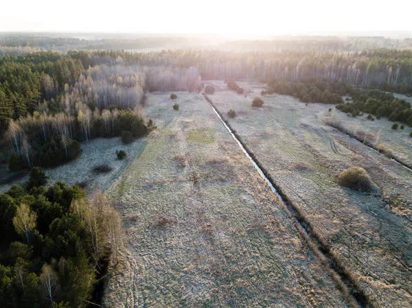 Drone image. aerial view of rural area with swamps, lakes and fo — Stock Photo, Image