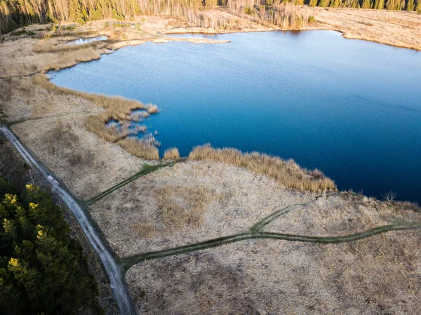 Drone image. aerial view of rural area with swamps, lakes and fo — Stock Photo, Image