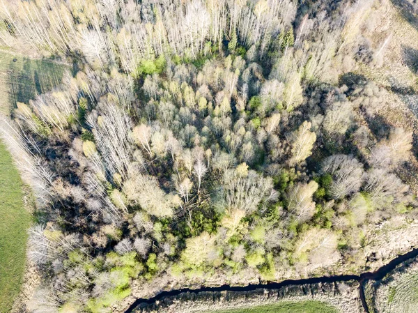 Imagen del dron. Vista aérea de la zona rural con frentes de iones de río ondulados — Foto de Stock