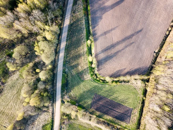 Drone image. aerial view of rural area with freshly cultivated a — Stock Photo, Image