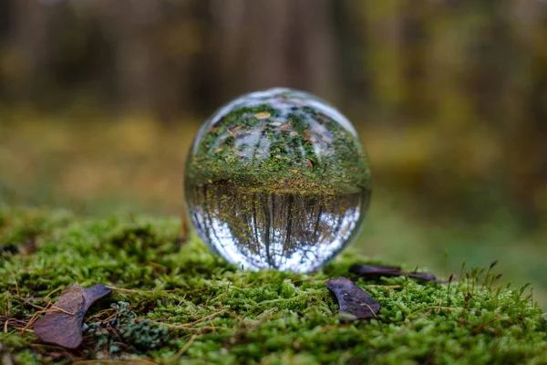 Sfera di vetro cristallo sullo sfondo della natura con riflessi — Foto Stock