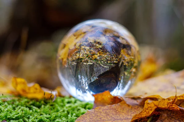 Sfera di vetro cristallo sullo sfondo della natura con riflessi — Foto Stock