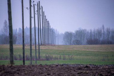 Yeşil sonbahar çayır alanındaki elektrik hatları