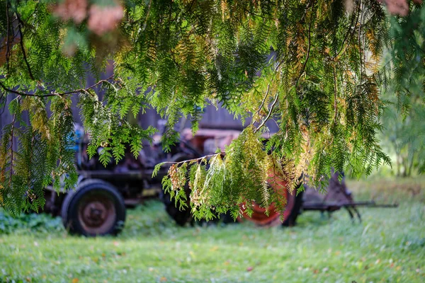 Old tractor abandoned in green meadow forest — Stock Photo, Image