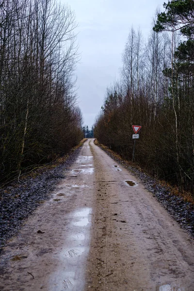 Vuile Natte Stofweg Herfst Met Grote Waterplassen — Stockfoto