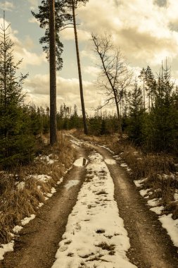 Kışın yol yüzeyinde su olan çamurlu bir yol. Karlı güneşli bir gün