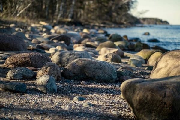 Napos Strand Kék Vízzel Nagy Sziklák Homokban Lettország Tiszta Égbolt — Stock Fotó