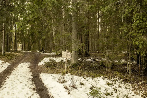 dirty mud road in winter with water on the road surface. sunny day with snow