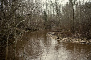 Letonya 'da Mergupe Nehri' nin kışın karsız manzarası. Yavaş deklanşör hızı