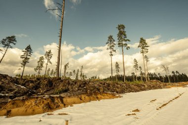 Kışın karlı ve çamurlu ormanda yeni bir yol inşaatı