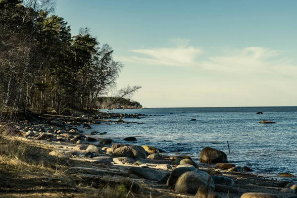 Solig Strand Med Blått Vatten Och Stora Klippor Sanden Lettland — Stockfoto