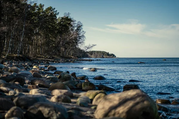 Solig Strand Med Blått Vatten Och Stora Klippor Sanden Lettland — Stockfoto