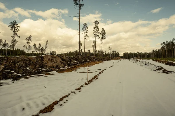 Εργοτάξιο Νέου Δρόμου Στο Δάσος Χειμώνα Χιόνι Και Λάσπη — Φωτογραφία Αρχείου