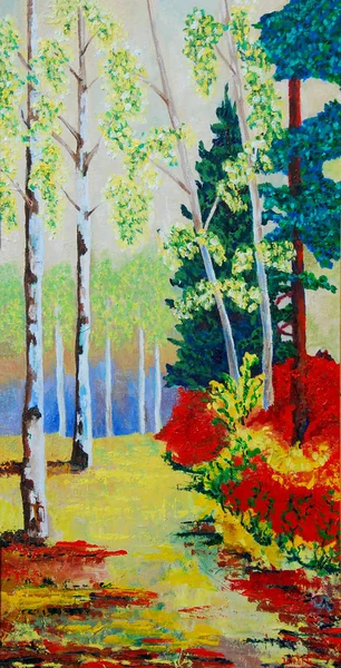 Pintura Óleo Original Que Muestra Hermoso Bosque Otoño Sobre Lienzo —  Fotos de Stock