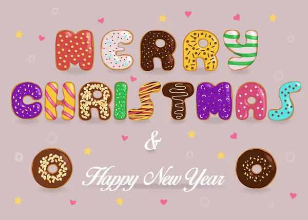 Feliz Navidad y Feliz Año Nuevo. Donuts fuente — Vector de stock