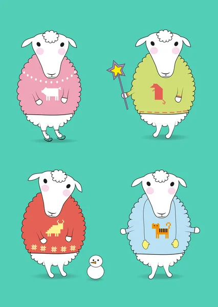 Cartoon white sheeps with colorful pullovers — Stock Photo, Image