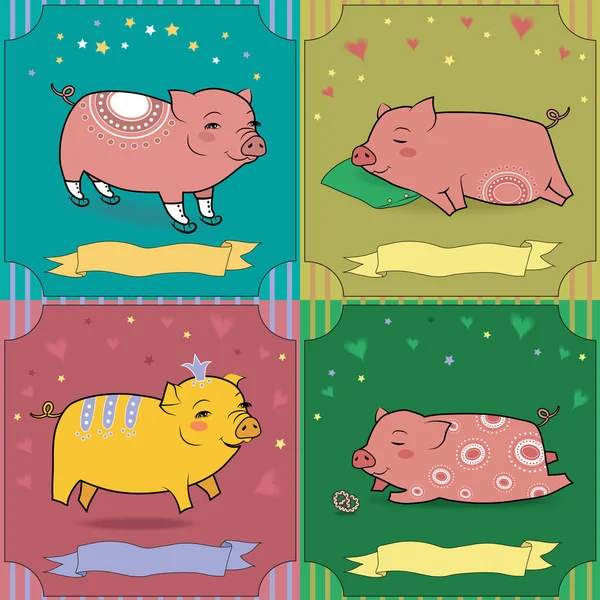Conjunto de porcos de desenhos animados. Cartões vintage — Fotografia de Stock