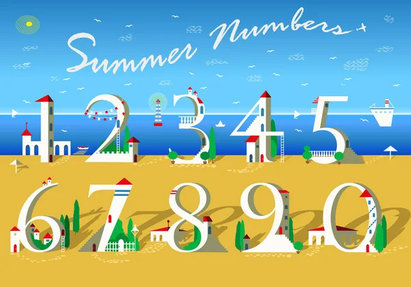 Letní čísla. Bílé domy na pláži — Stockový vektor