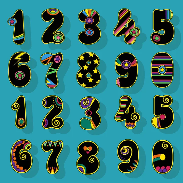 Conjunto de números. Signos negros con decoración colorida — Vector de stock