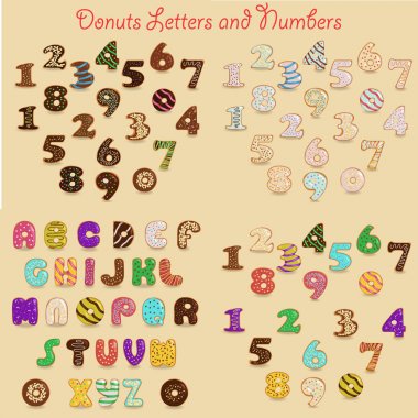Set of Letters and Numbers. Symbols are as Sweet Colorful and Chocolate Donuts. Vector Illustration clipart