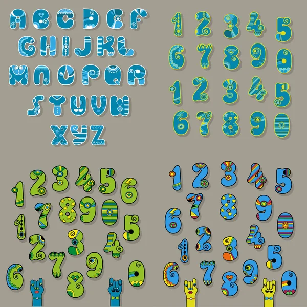 Set Letters Numbers Blue Green Alphabets Oriental Decor Cartoon Hands — Stock Vector