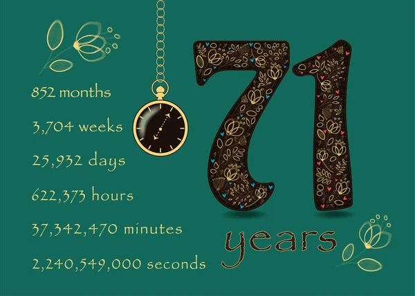 Brown number Seventy One with golden floral decor and hearts. Years break down into months, weeks, days, hours, minutes and seconds. Pocket watch shows five past seven o\'clock. Anniversary Card