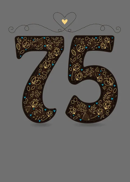 Brown Floral Number Seventy Five. Yellow flowers and plants with drawing effect and small blue hearts. Gray background and graceful vignette with heart. Place for custom text. Card for anniversary