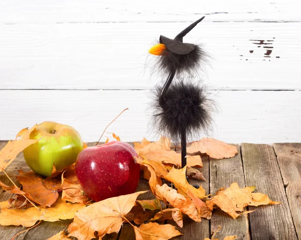Cuervo de juguete en una gorra y hojas de otoño — Foto de Stock