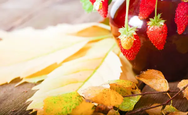 Bayas de fresa silvestres en una olla de cerámica en hojas de otoño — Foto de Stock