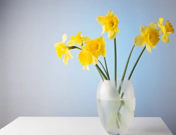 Narcisi in un vaso di vetro su un tavolo bianco . — Foto Stock