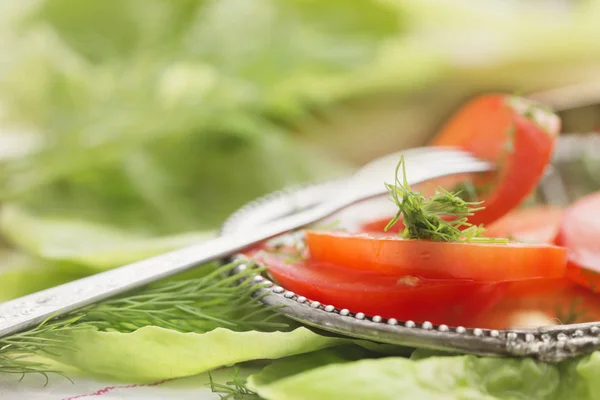 Roșiile tăiate cu frunze de salată verde și fenicul — Fotografie, imagine de stoc
