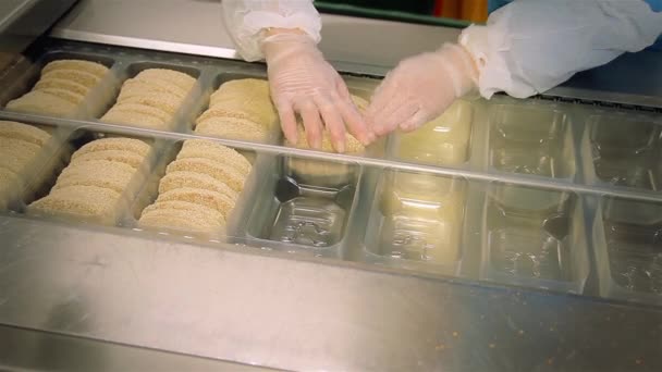 Лінія упаковки готової продукції в м'ясопромисловості. Упаковка заморожених м'ясних кульок . — стокове відео