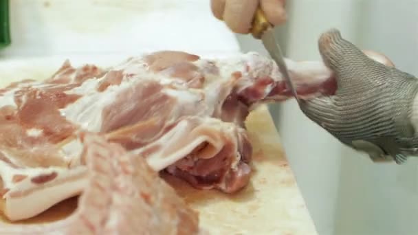 El carnicero corta carne. Producción de carne — Vídeo de stock