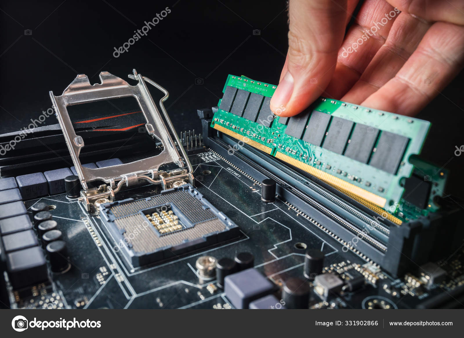 Installing a new RAM DDR memory for personal computer processor socket in a service. Upgrade repair. PC or repair concept. Stock Photo by ©petrsvoboda91 331902866