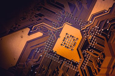 Devre kartı soyut arkaplan dokusu. Makro yakın plan. Turuncu Pcb.
