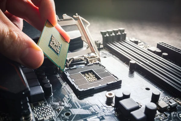Electronic engineer of computer technology. Maintenance computer cpu hardware upgrade of motherboard component. Pc repair, technician and industry support concept. Close up photo. — Stock Photo, Image
