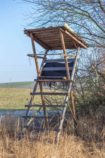 Wildlife observation point - raised blind or hunting tower near meadow