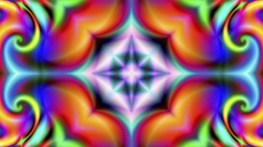 Fraktal kıvrımlardan oluşan neon ışıkta çok renkli soyut fraktal arkaplan ve kompozisyonun ortasında yıldız şeklinde bir figür