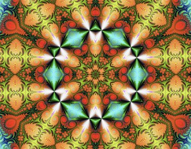 Çeşitli desenleri olan çok renkli soyut dokular ve kompozisyonun ortasında dairesel bir süs.