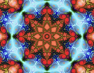 Sekiz köşeli bir yıldızın oluşturduğu yaratıcı soyut doku ve mavi bir arkaplandaki kompozisyonun ortasında güzel bir çiçek.