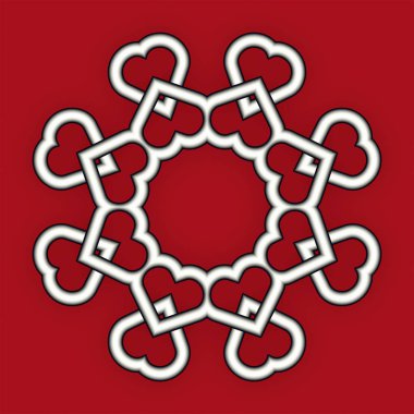  Kırmızı arka planda birbirine dolanan kalplerden oluşan karmaşık bir süs.