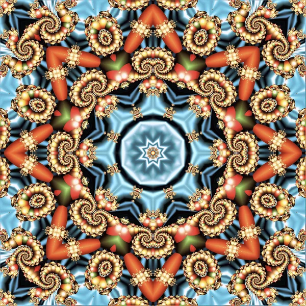 mavi arkaplan üzerinde fraktal spiraller ve yıldızlarla çok renkli soyut şablon