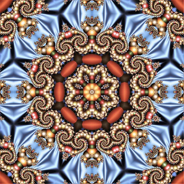  çok renkli soyut şablon dairesel süs ve mavi ipek dokuda boncukların fraktal desenleri ile