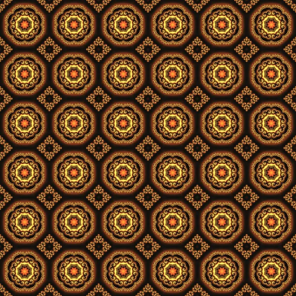 Kabartmalı altın dairesel süslemesi ve koyu arkaplanda yıldızları olan kusursuz bir doku.