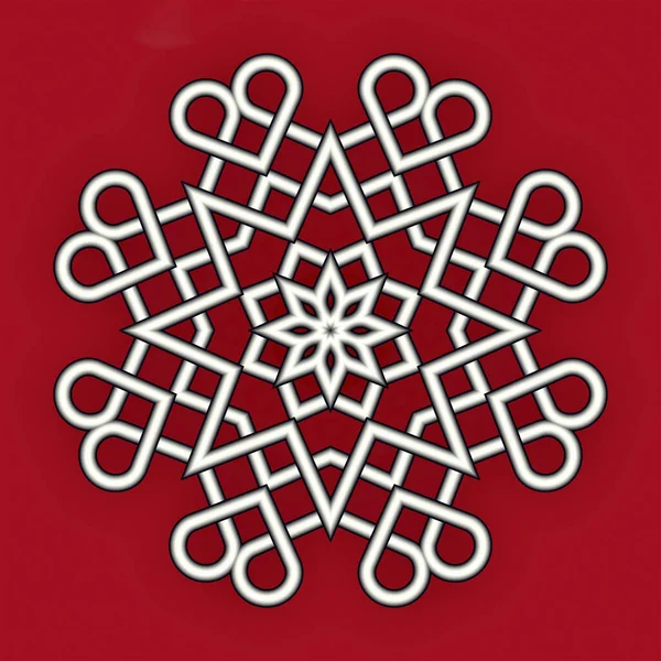Karmaşık figür, sarmal yıldızlarla iç içe geçen bir süs ve kırmızı bir arkaplan üzerinde kompozisyonun ortasında bir çiçek içerir.