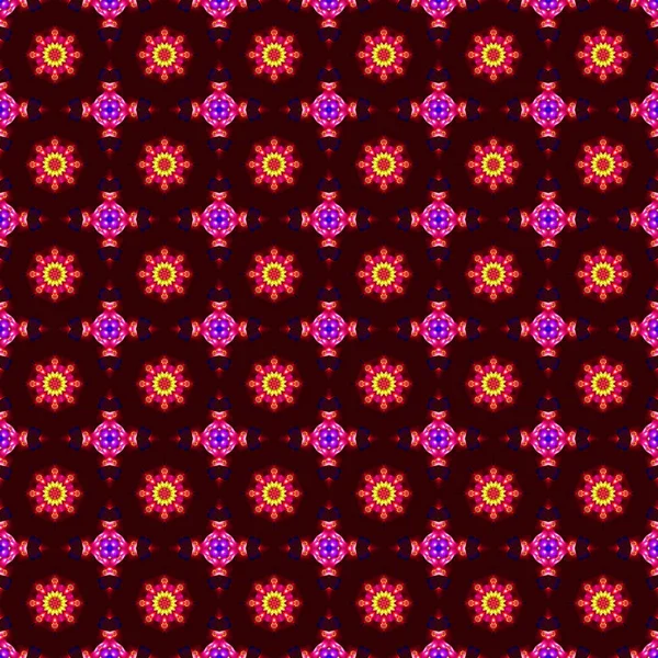 Kırmızı bir zemin üzerinde çeşitli fraktal şekiller ve süslemelerden oluşan renkli soyut dikişsiz doku