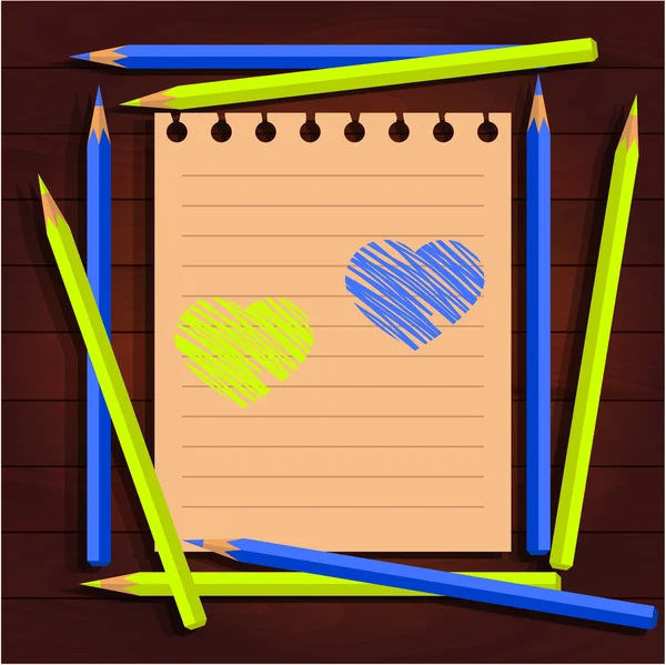 Lápices amarillos azules, dibuja un corazón — Vector de stock
