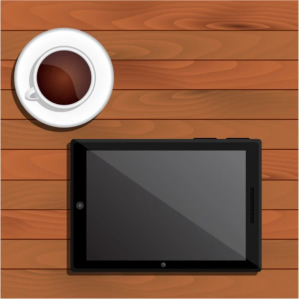 Schwarze Tablette und Tasse Kaffee auf dem Tisch — Stockvektor