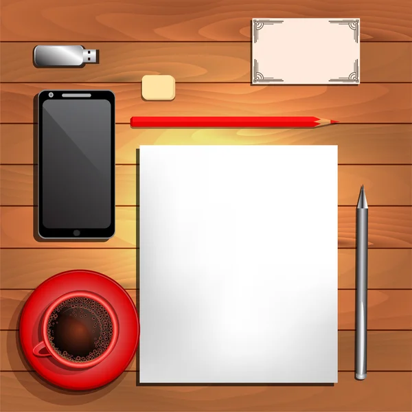 Materiales de oficina, café negro, papel y lápiz rojo — Vector de stock