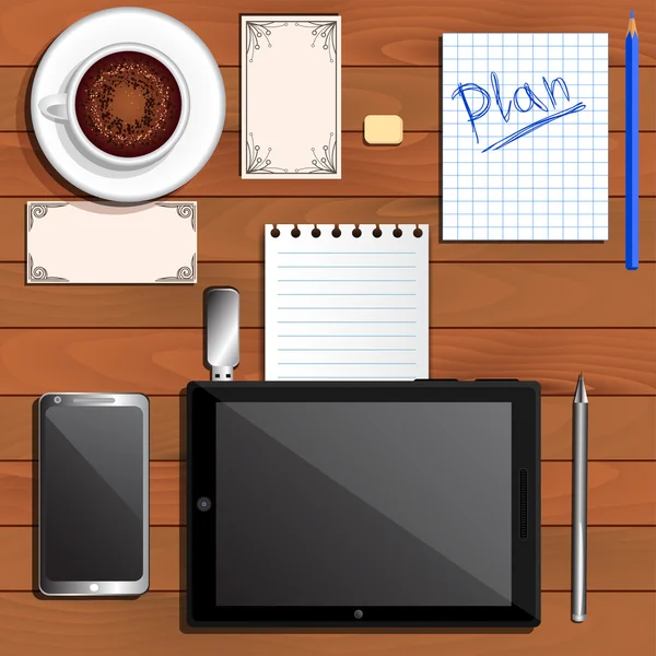 Fournitures de bureau, tablette, plan, téléphone intelligent — Image vectorielle